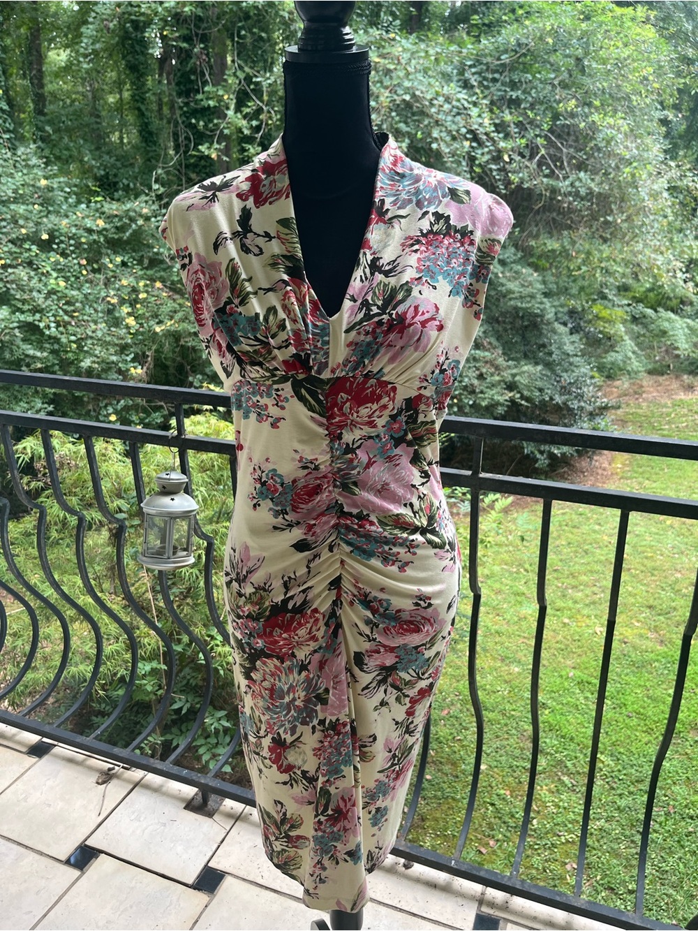 Floral Ruched V-Neck Midi Jumpsuit - Cream with Pink & Green Floral. Size M.